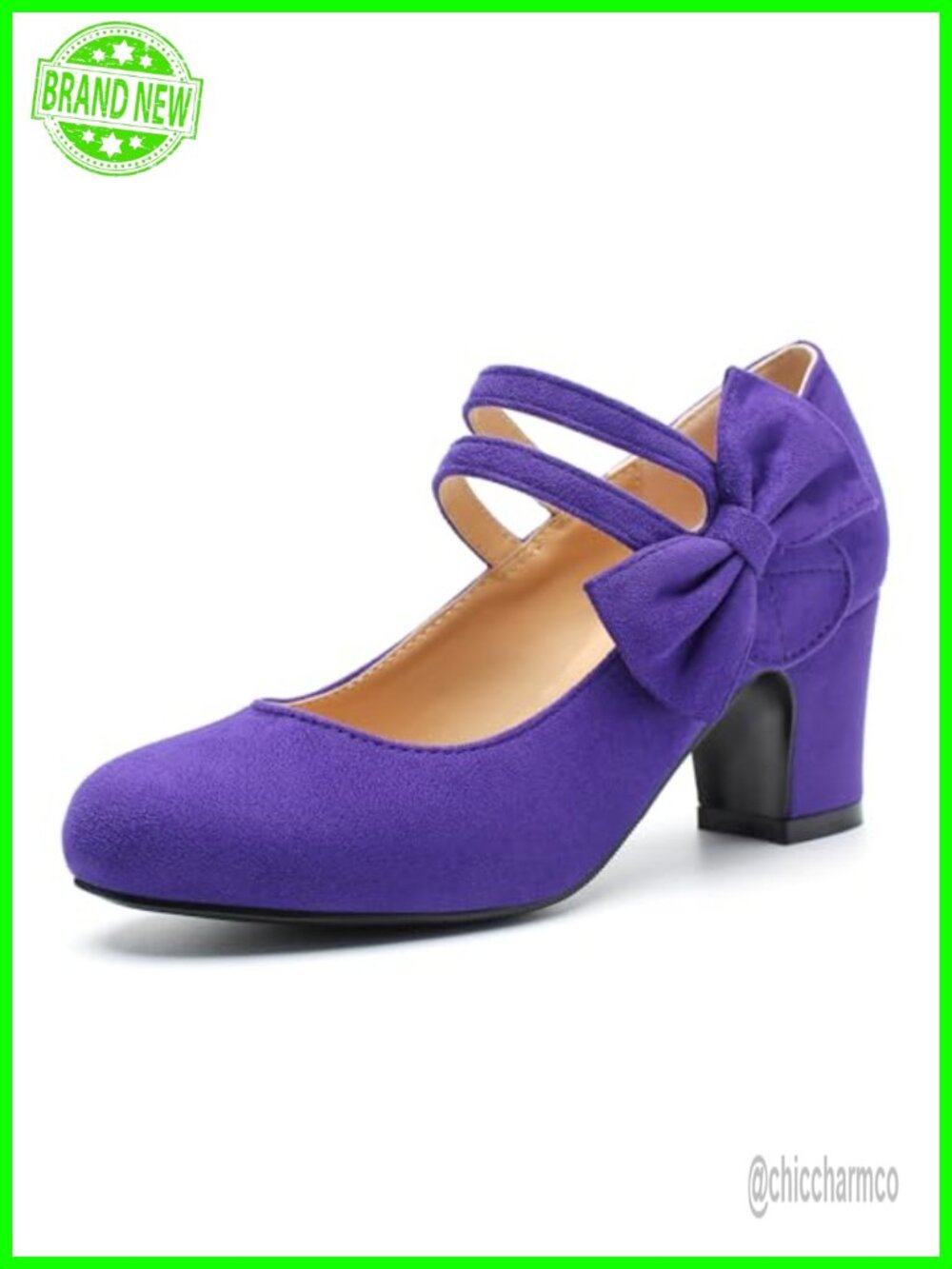 Women's Mary Jane Pumps with Bow, Chunky Heel, Round Closed Toe, Double Strap,